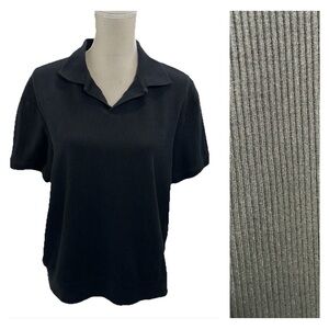 Zara Vertical Textured Polo Shirt Women’s Large Short Sleeve Ribbed Black